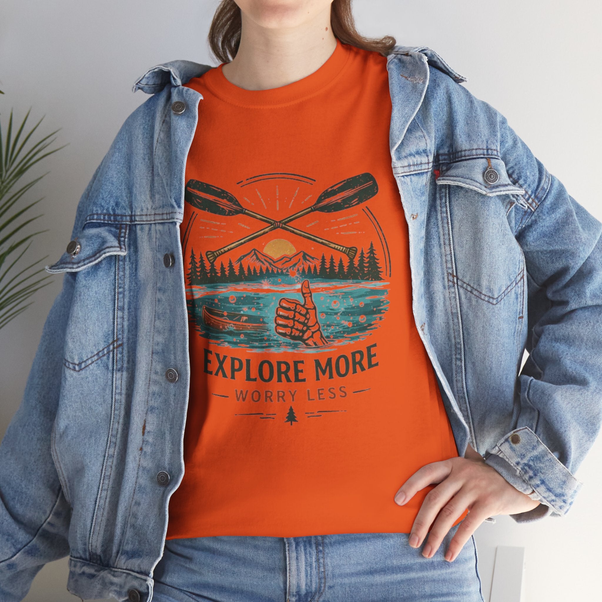 Explore More Worry Less T-Shirt | Outdoor Camping Canoe Graphic Skeleton Tee