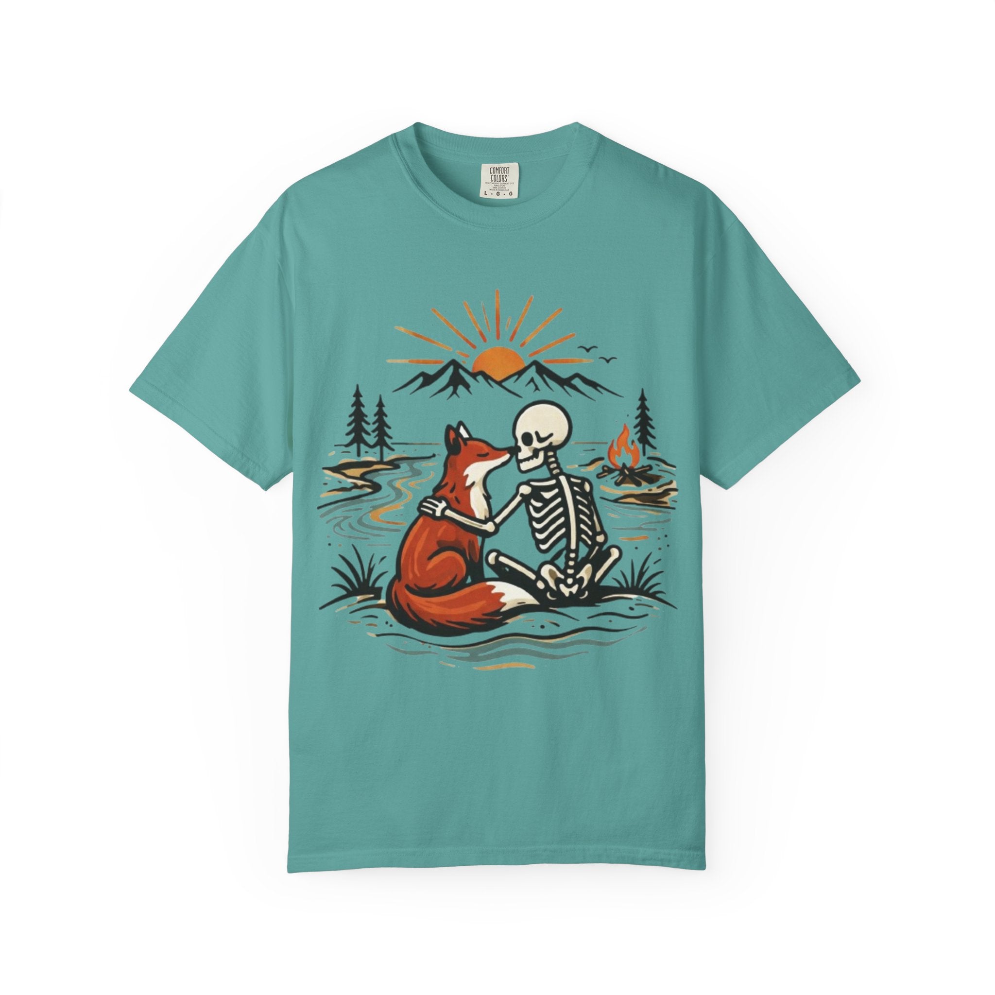 Skeleton & Fox Tee Retro Campfire Nature Graphic T-Shirt