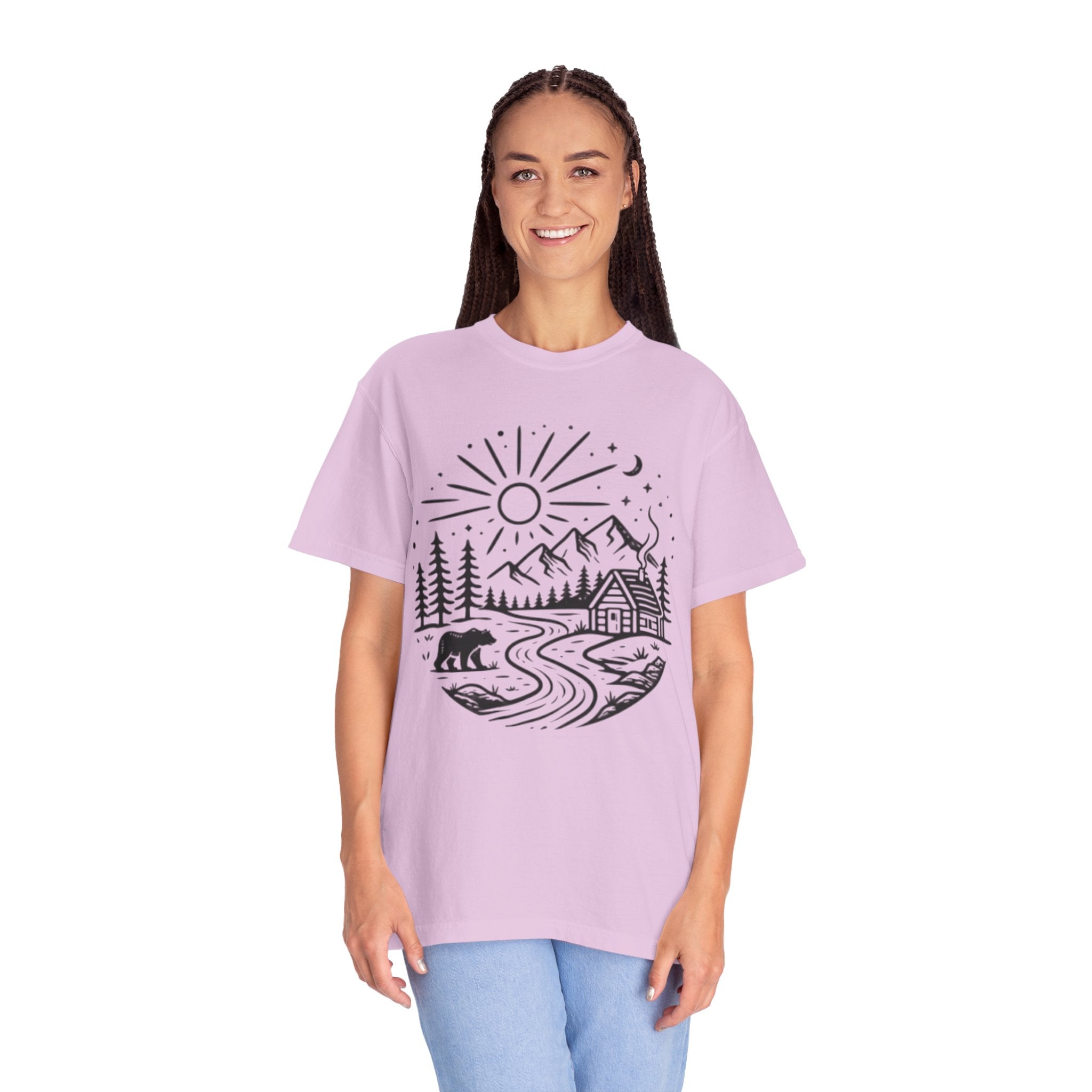 Nature Cabin T-Shirt | Scenic Mountain, River & Bear Outdoor Graphic Tee