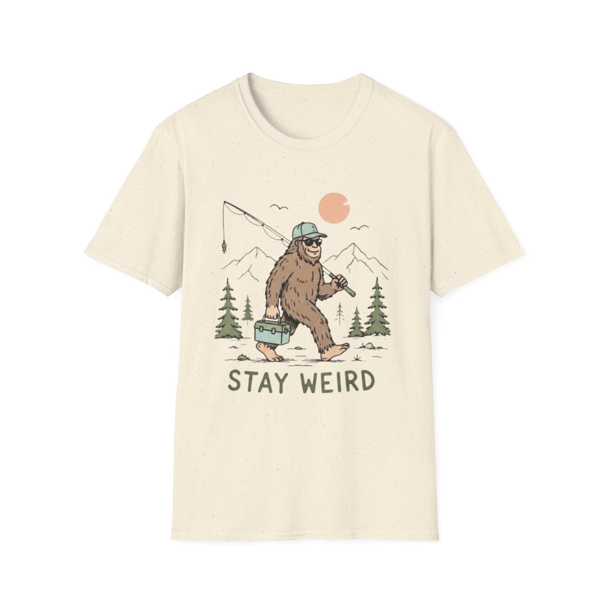 Stay Weird Bigfoot Fishing T-Shirt | Funny Sasquatch Graphic Tee for Nature Lovers