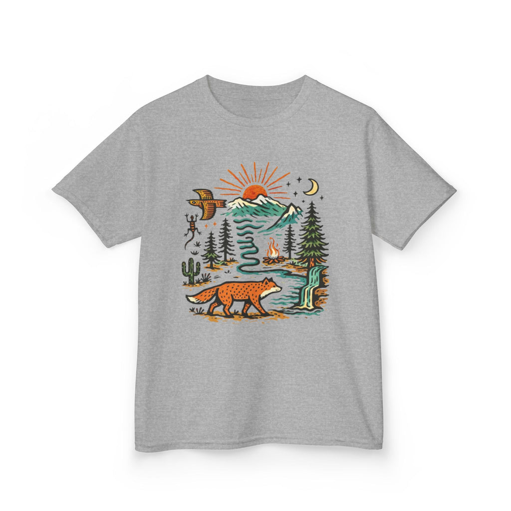 Kids T-Shirt | Retro Nature Scene with Fox Mountains & Sun | Adventure Outdoor Tee