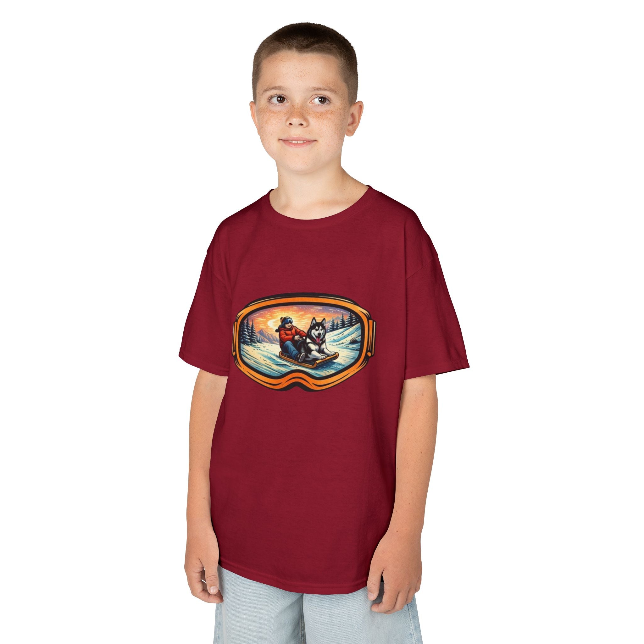 Kids Sledding with Dog Tee | Boys Best Friend Winter Graphic