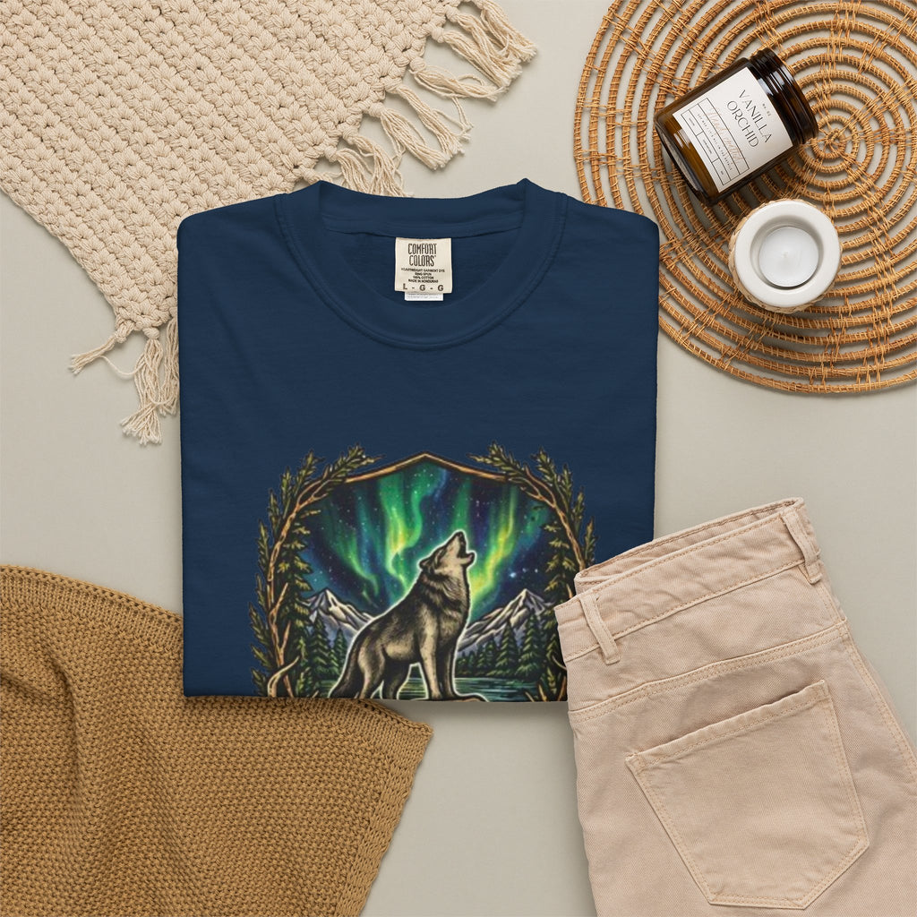 Deer Skull and Wolf Howling T-Shirt | Northern Lights Nature Graphic Tee