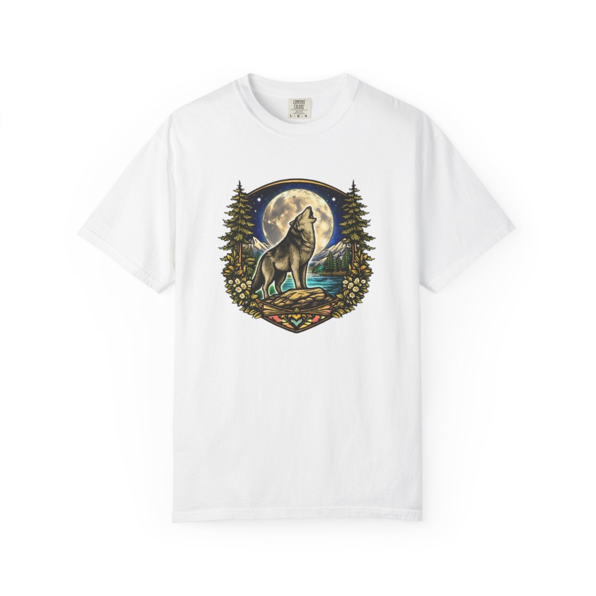 Wolf Howling at Full Moon T-Shirt | Forest Tree Border Graphic