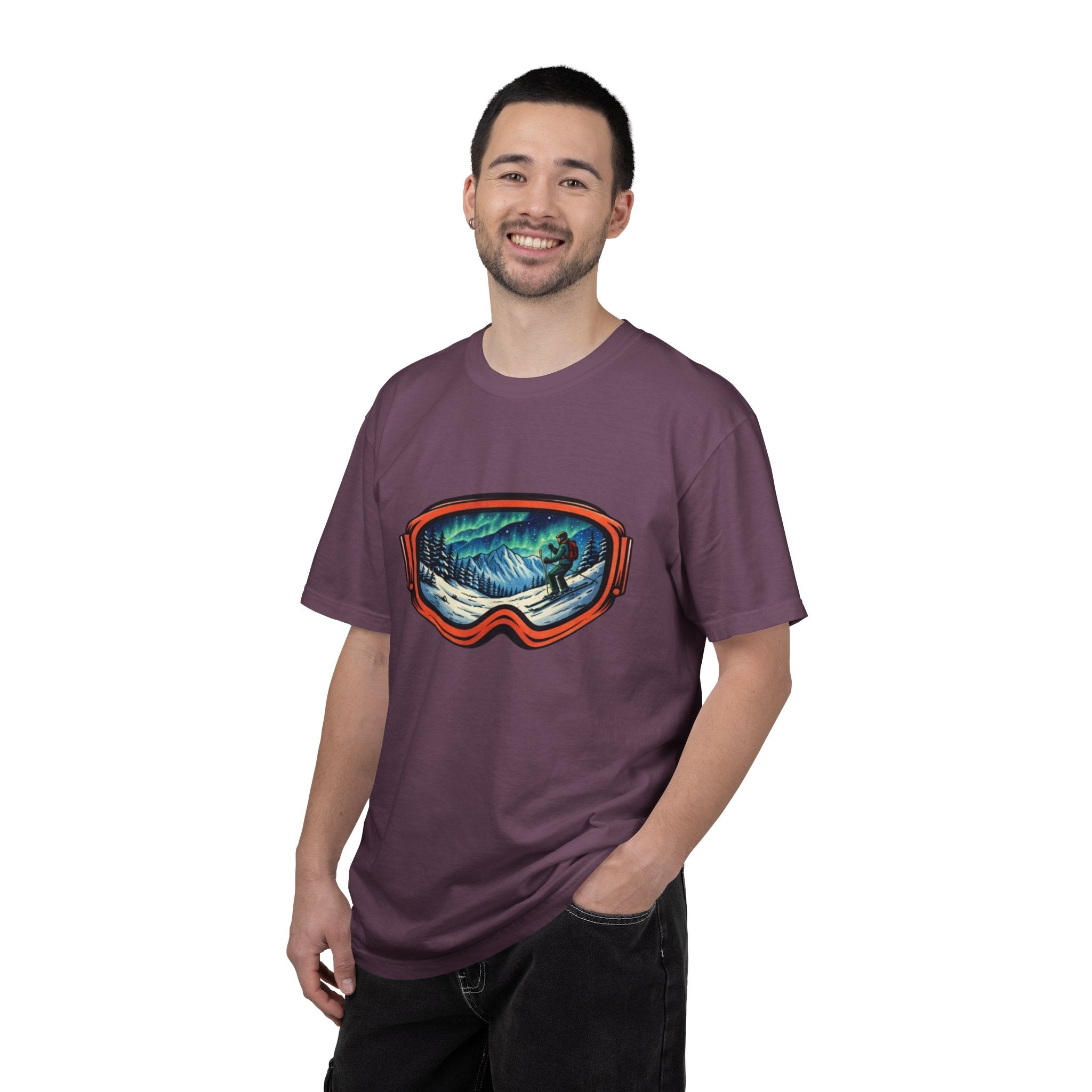 Northern Lights Ski Goggles T-Shirt | Aurora Skiing Landscape Design