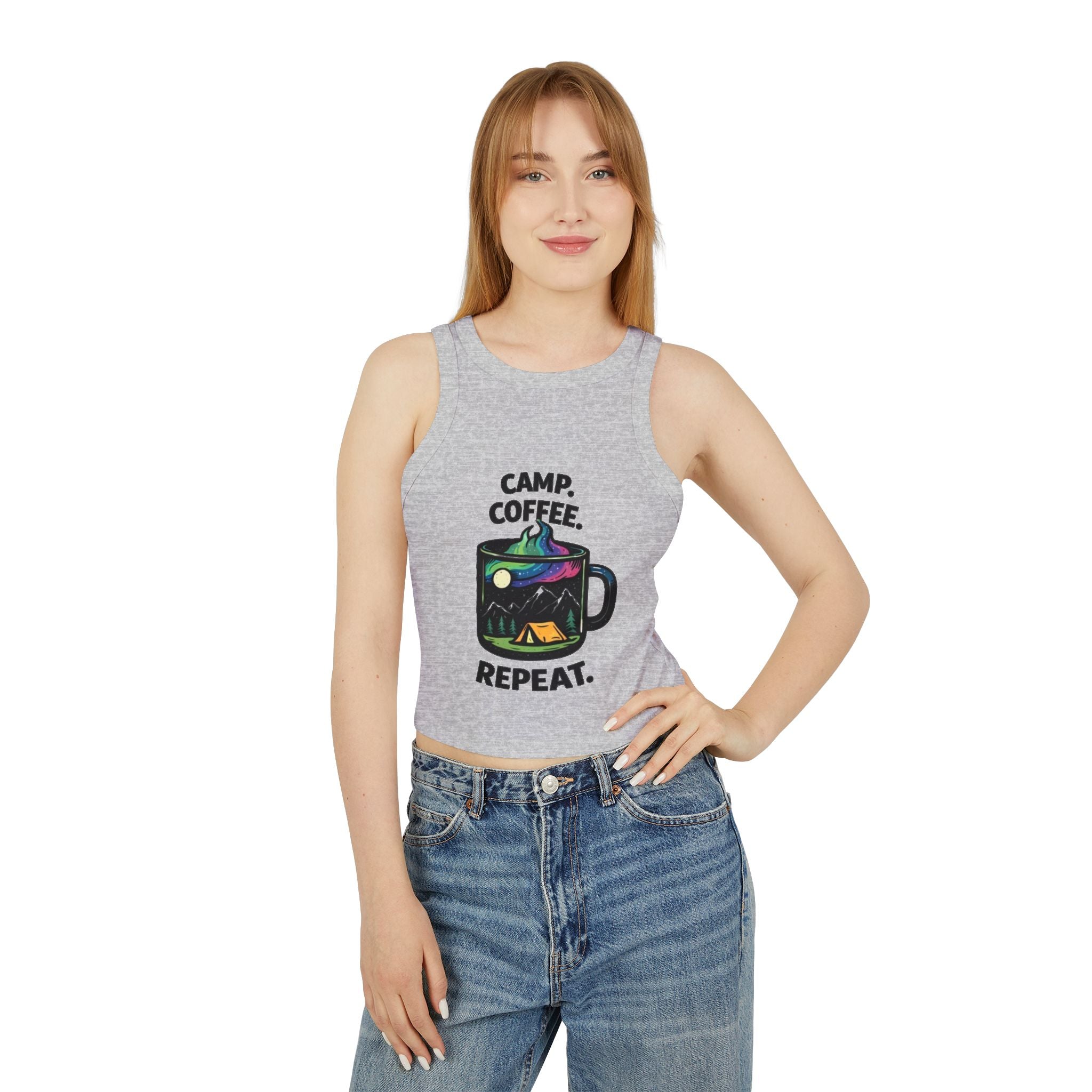 Camp Coffee Repeat Racer Tank | Womens Camping Coffee Graphic Tank Top