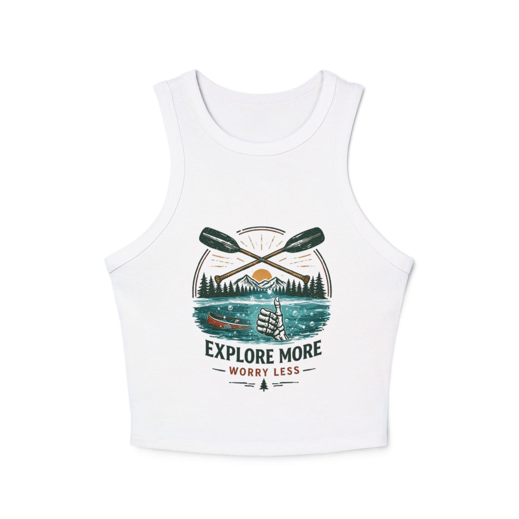 Explore More Racer Tank Top | Womens Outdoor Adventure Crop with "Explore More, Worry Less" Graphic