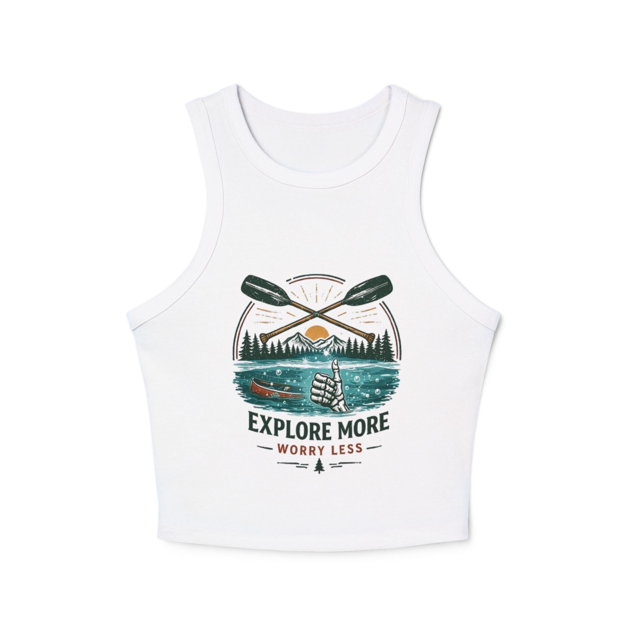 Explore More Racer Tank Top | Womens Outdoor Adventure Crop with "Explore More, Worry Less" Graphic