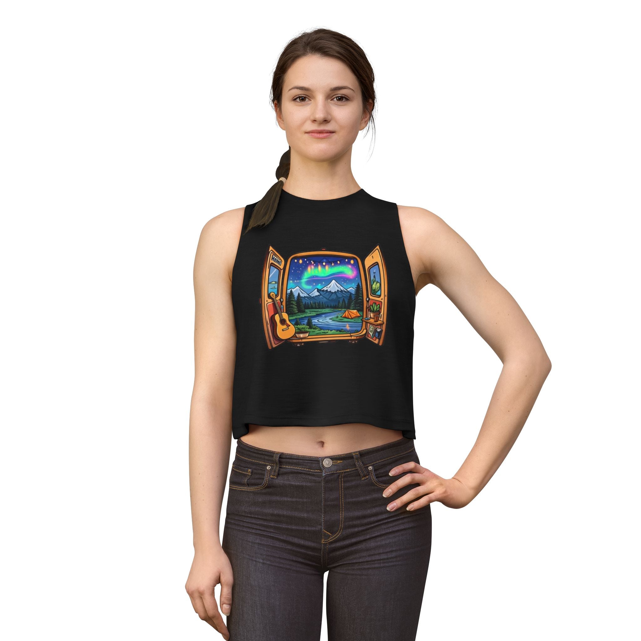 Adventure Window Crop Top | Mountain Camping, Aurora & Guitar Graphic