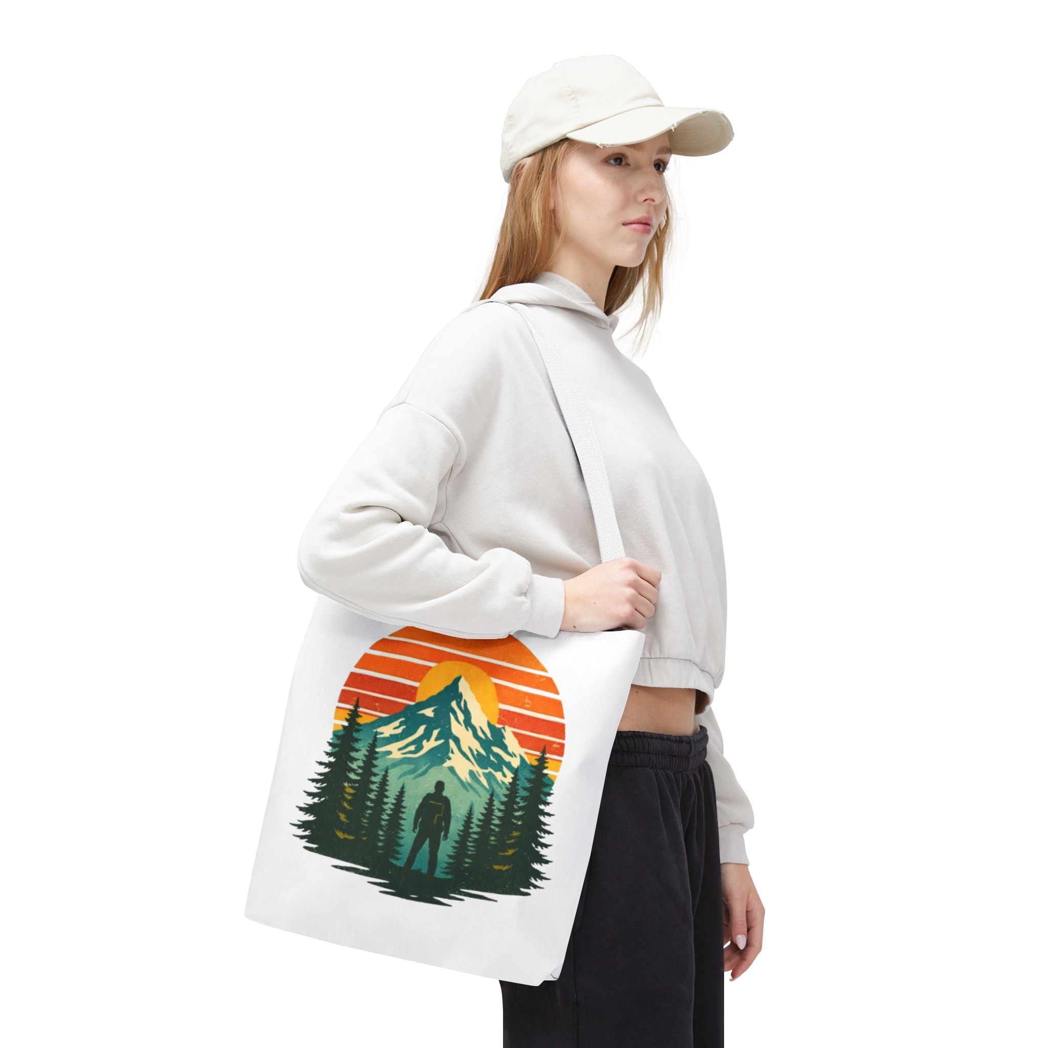Retro Hiking Mountainscape Sunset Tote Bag