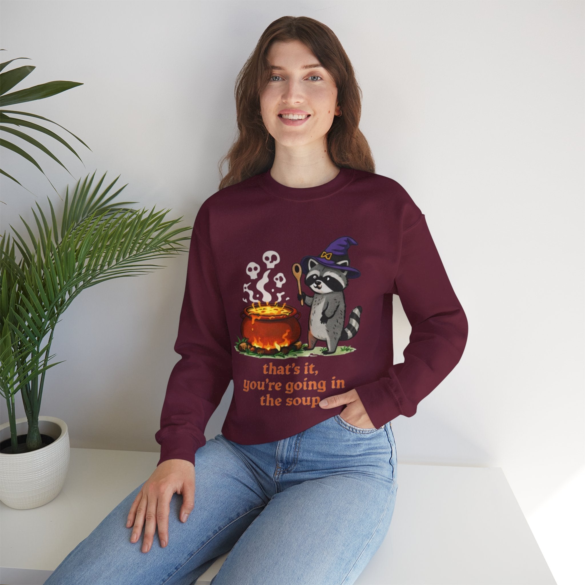 Halloween Witch Raccoon Sweatshirt | "Thats It, Youre Going in the Soup" Cozy Crewneck