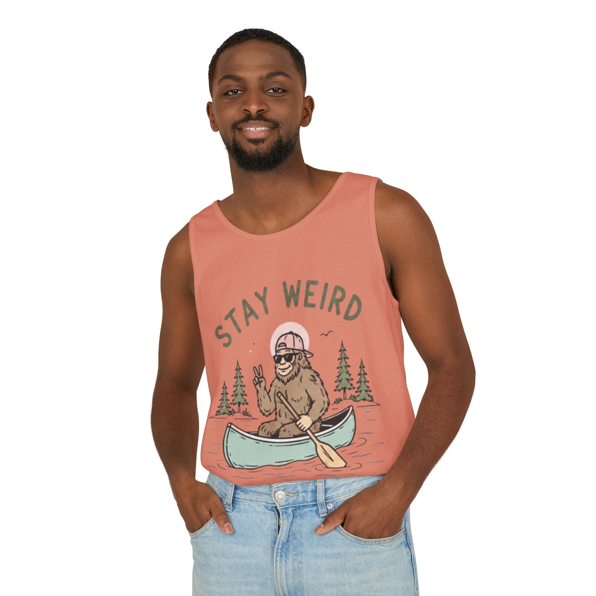 Stay Weird Bigfoot Tank Top | Funny Sasquatch Canoe Graphic Tank
