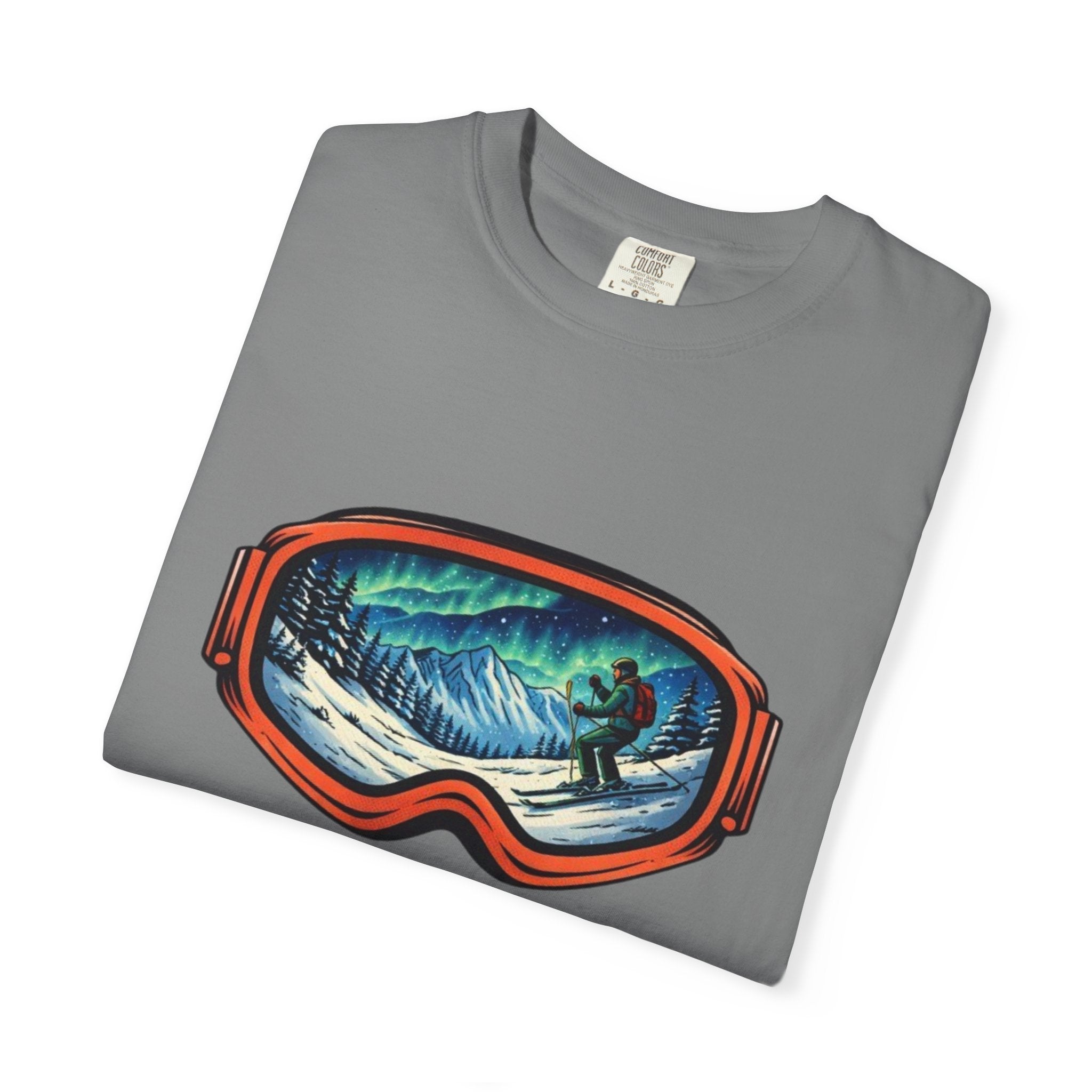 Northern Lights Ski Goggles T-Shirt | Aurora Skiing Landscape Design
