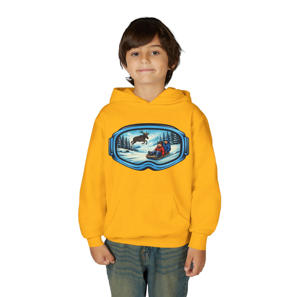 Youth Hoodie | Snow Goggles Winter Sledding Moose Graphic