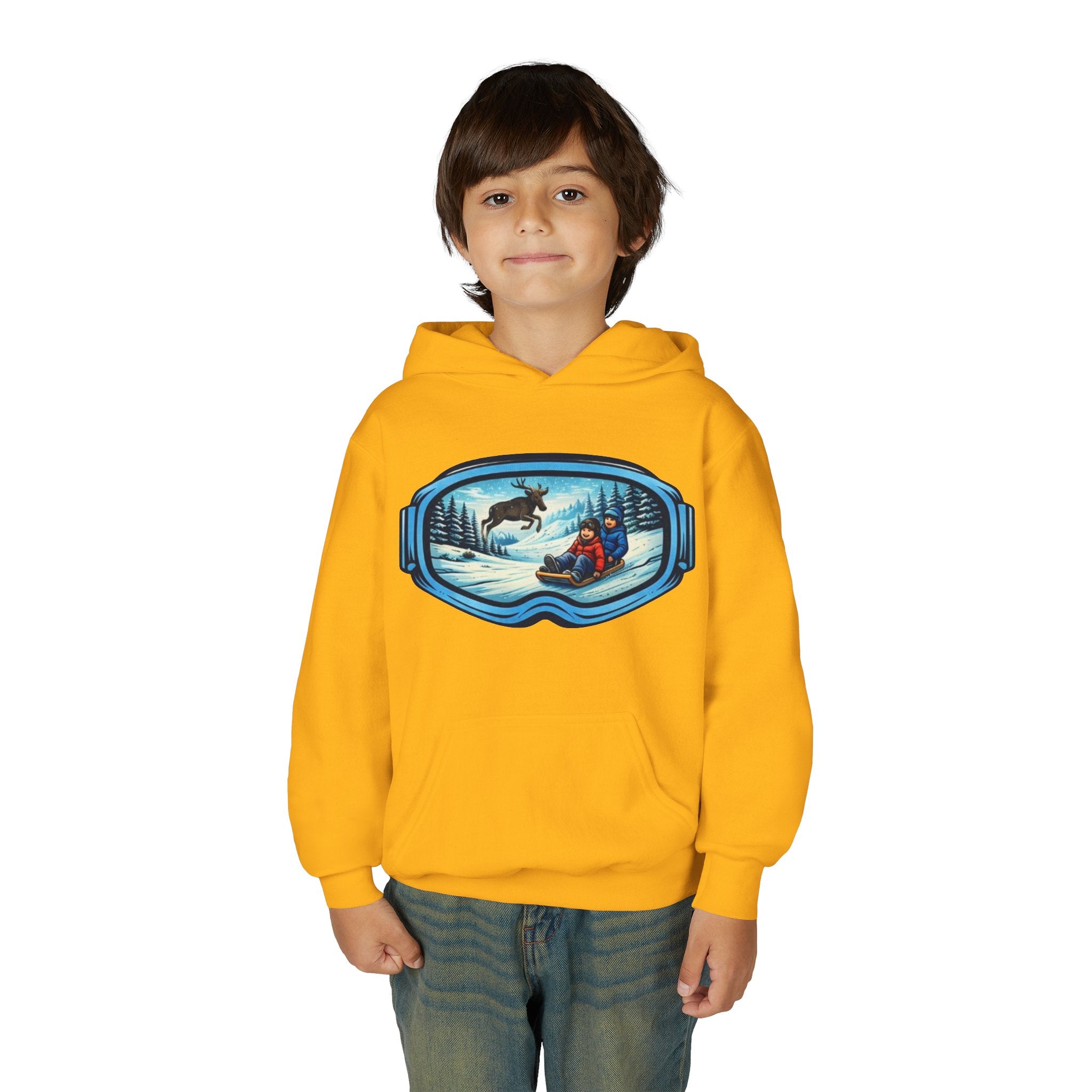 Youth Hoodie | Snow Goggles Winter Sledding Moose Graphic