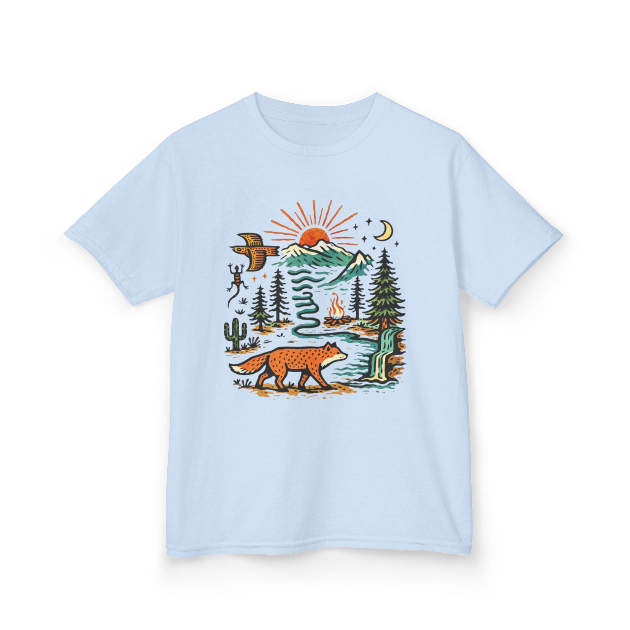 Kids T-Shirt | Retro Nature Scene with Fox Mountains & Sun | Adventure Outdoor Tee