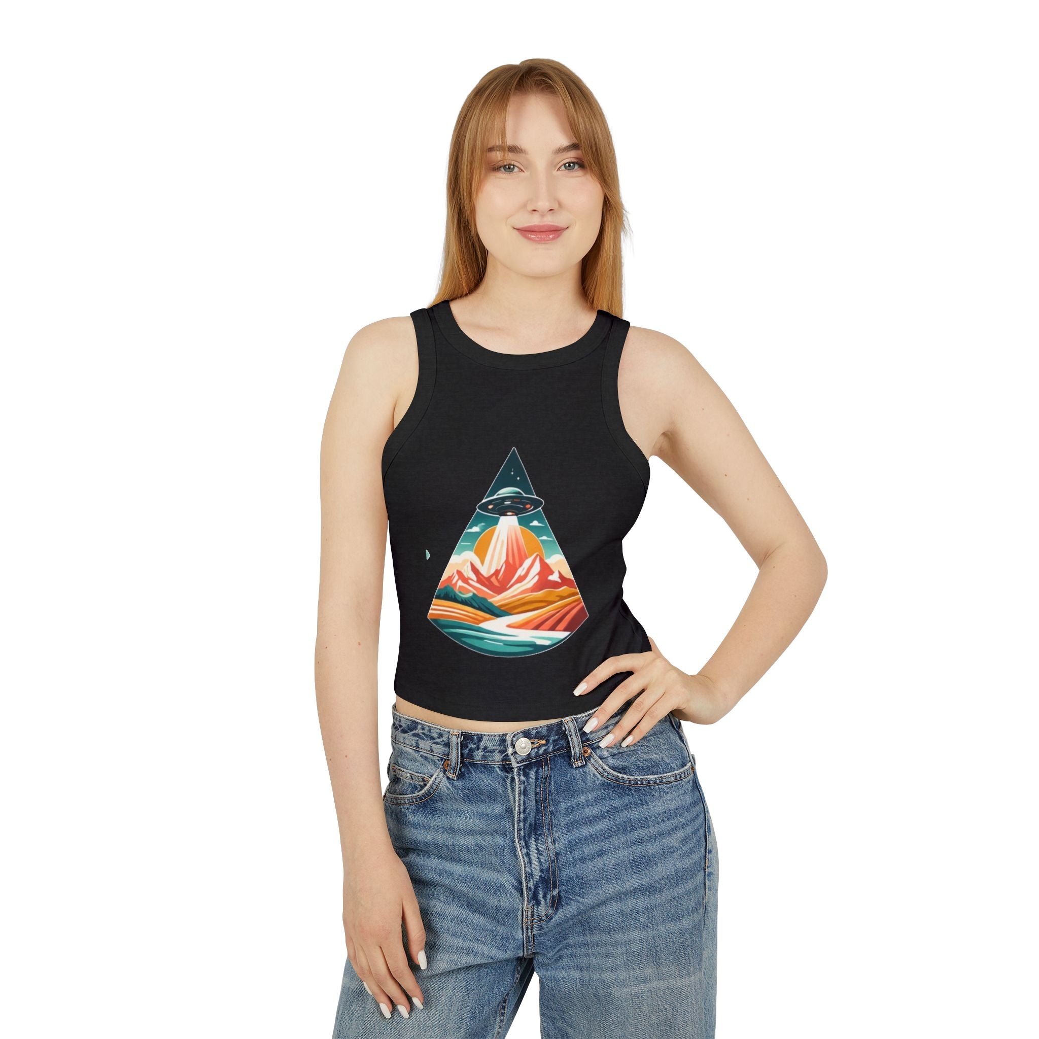 Ribbed Racer Tank Top | Retro UFO Mountain Graphic