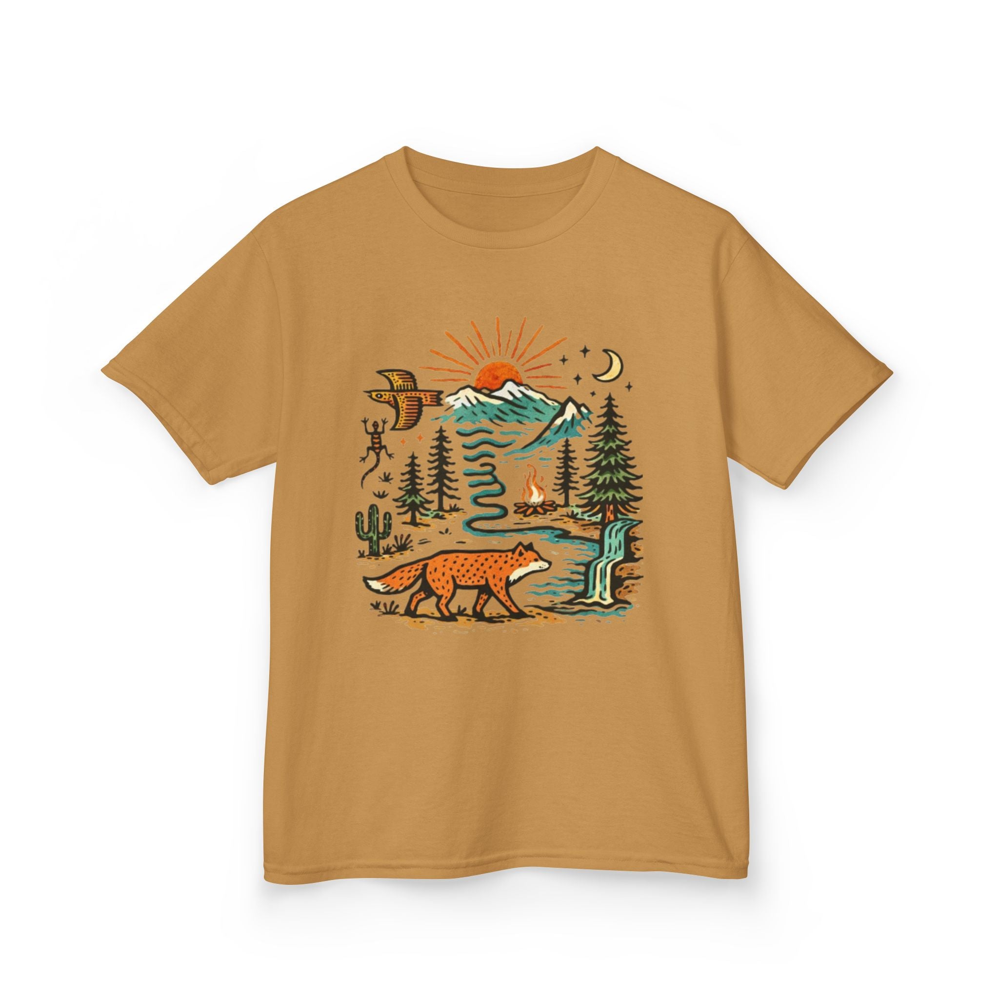 Kids T-Shirt | Retro Nature Scene with Fox Mountains & Sun | Adventure Outdoor Tee