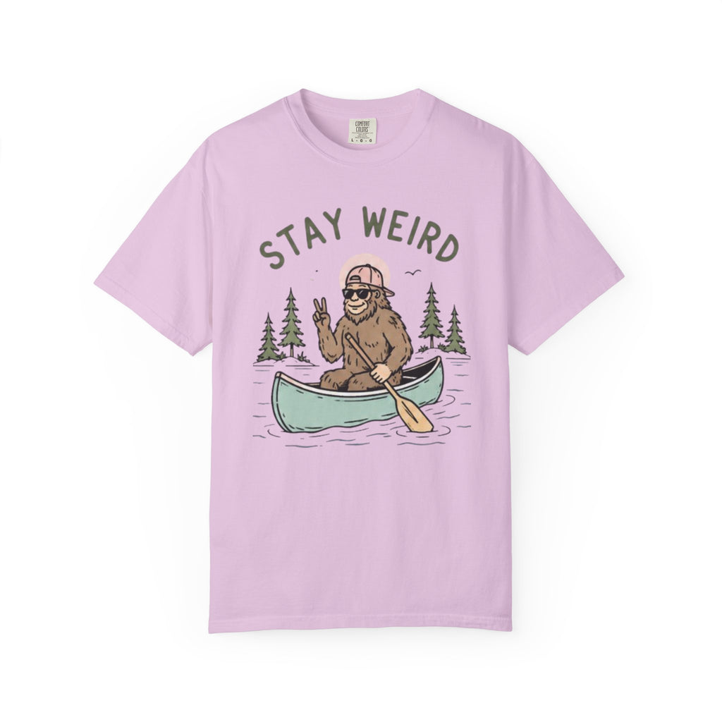 Stay Weird Canoe T-Shirt | Funny Bigfoot Paddling Outdoors Graphic Tee