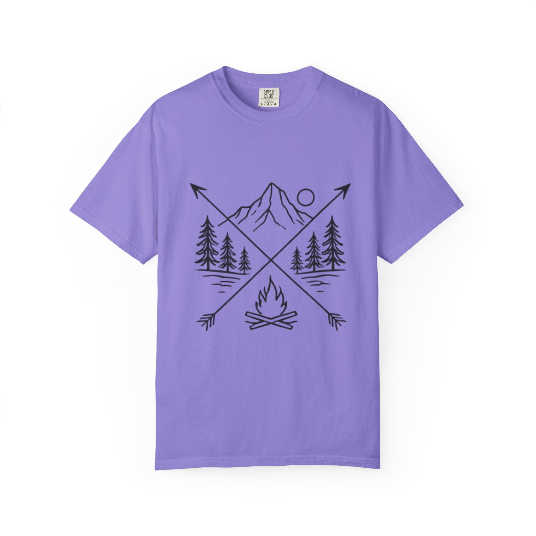 Campfire Mountain T-Shirt | Outdoor Adventure Tee with Arrows & Pines