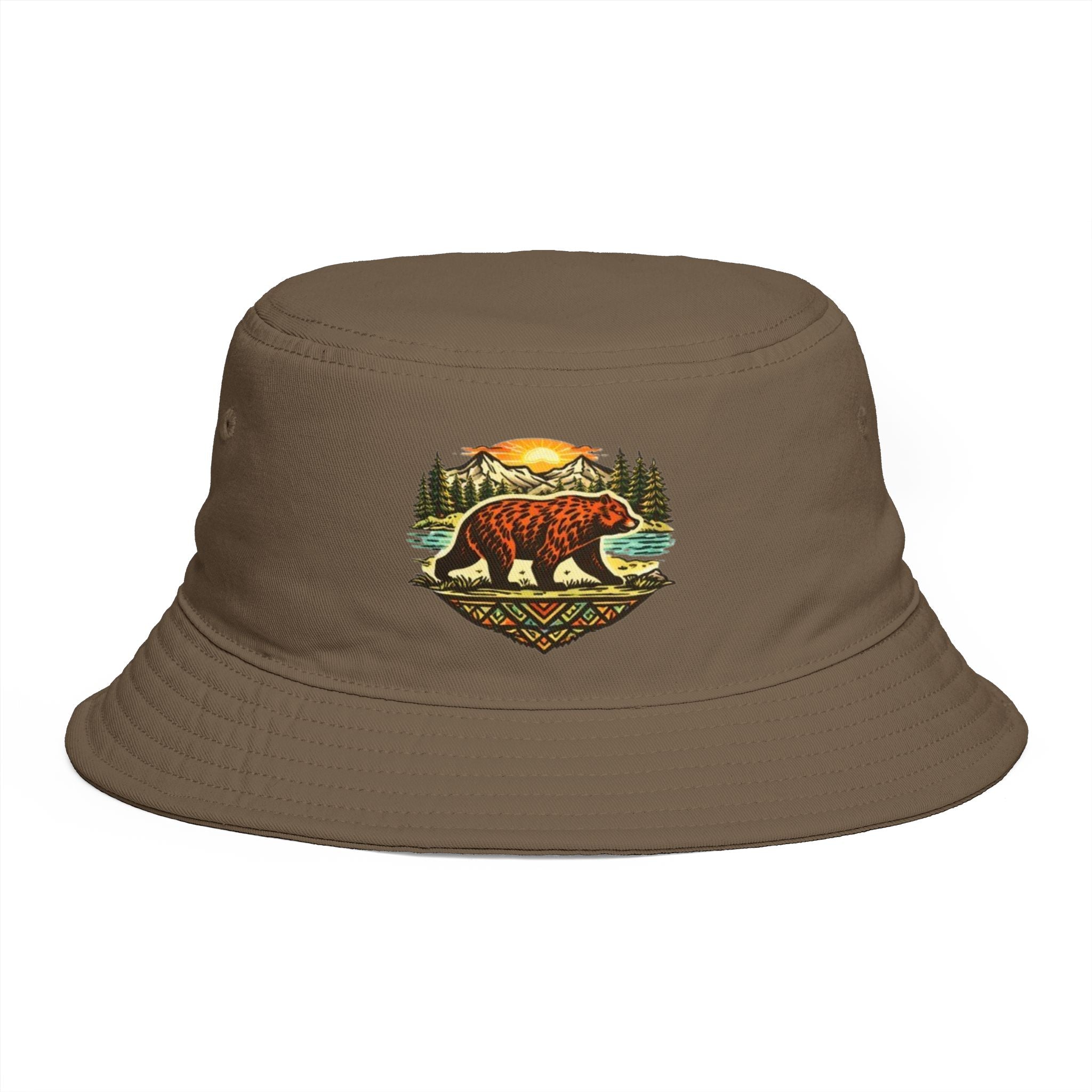 Bear Wilderness Bucket Hat | Retro Mountain Sunset Outdoor Cap