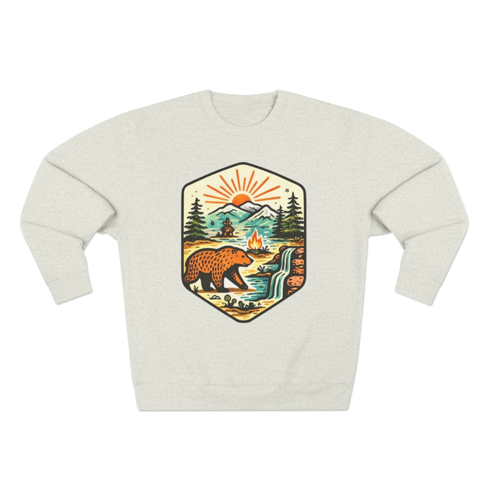 Bear Wilderness Crewneck Sweatshirt | Scenic Campfire Mountain Patch Design