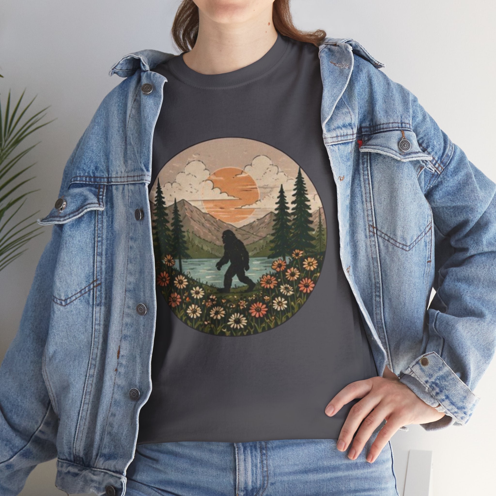 Bigfoot Meadow Retro Tee | Vintage Sasquatch with Flowers