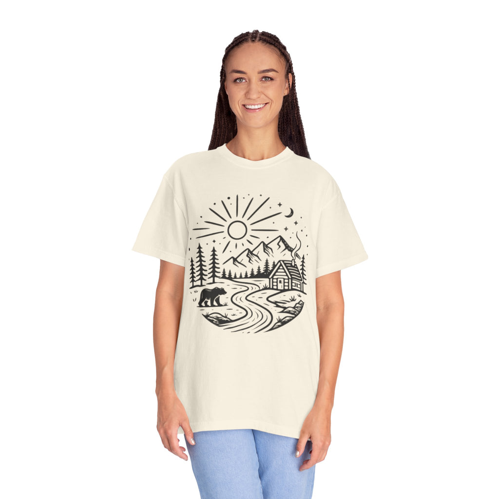 Nature Cabin T-Shirt | Scenic Mountain, River & Bear Outdoor Graphic Tee