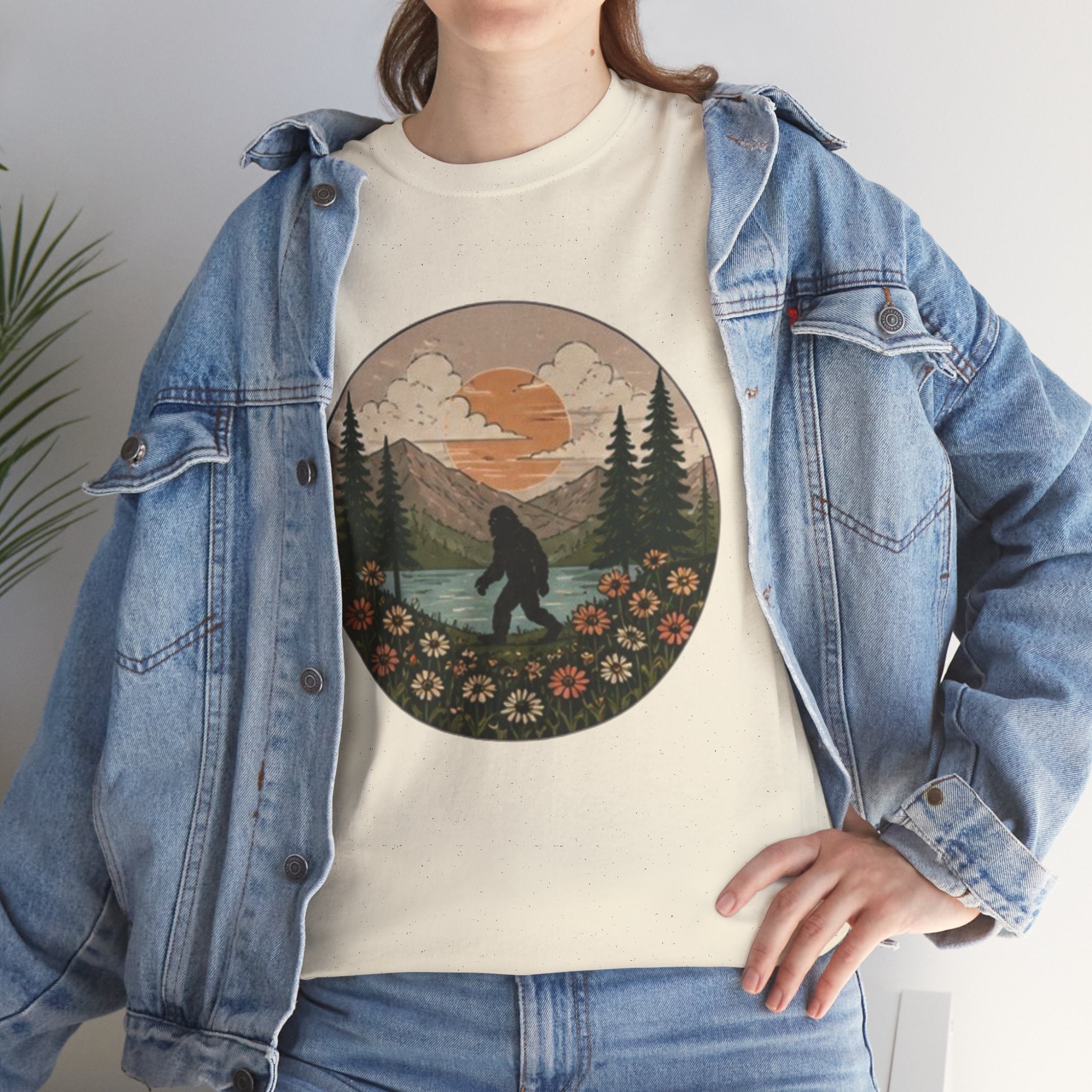 Bigfoot Meadow Retro Tee | Vintage Sasquatch with Flowers
