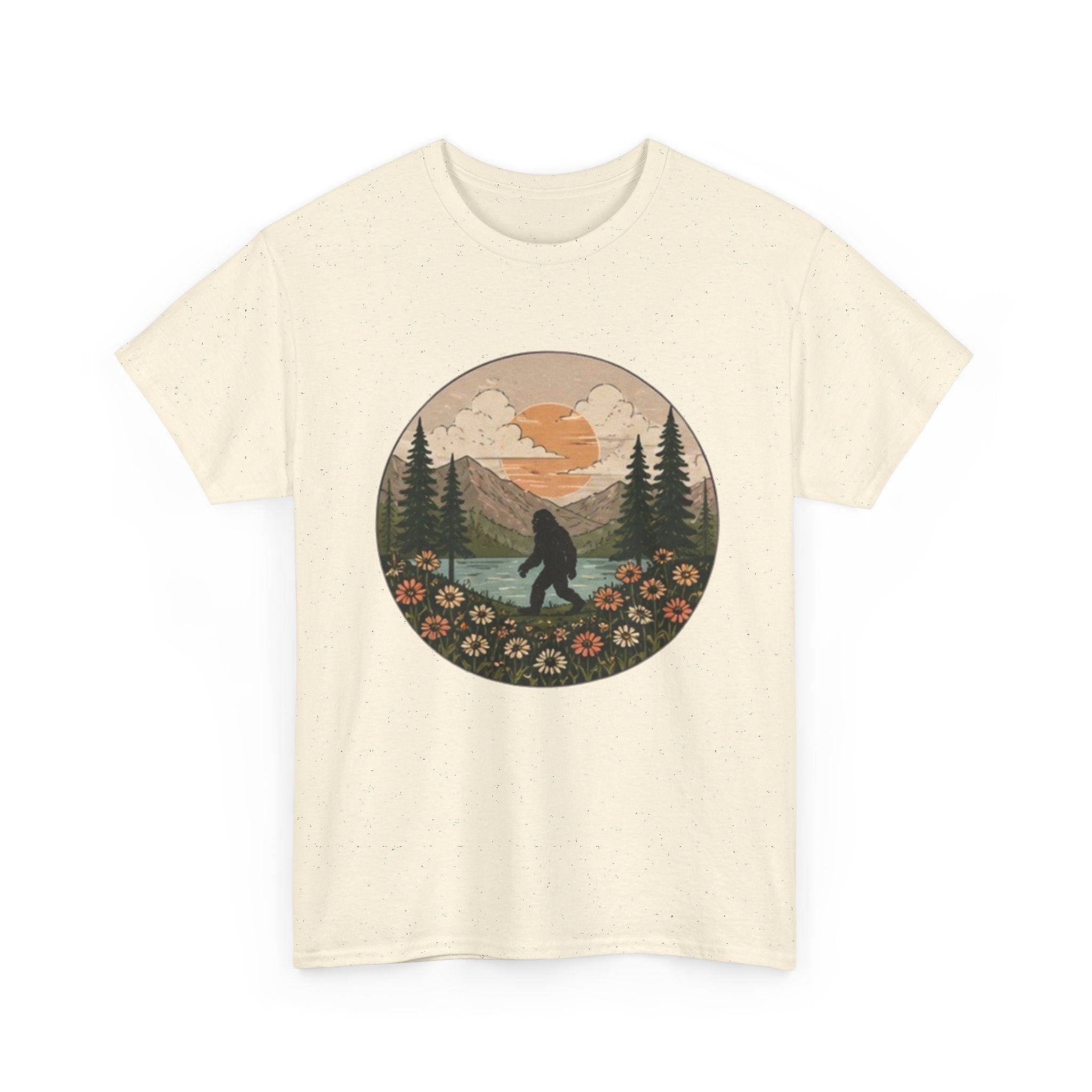 Bigfoot Meadow Retro Tee | Vintage Sasquatch with Flowers