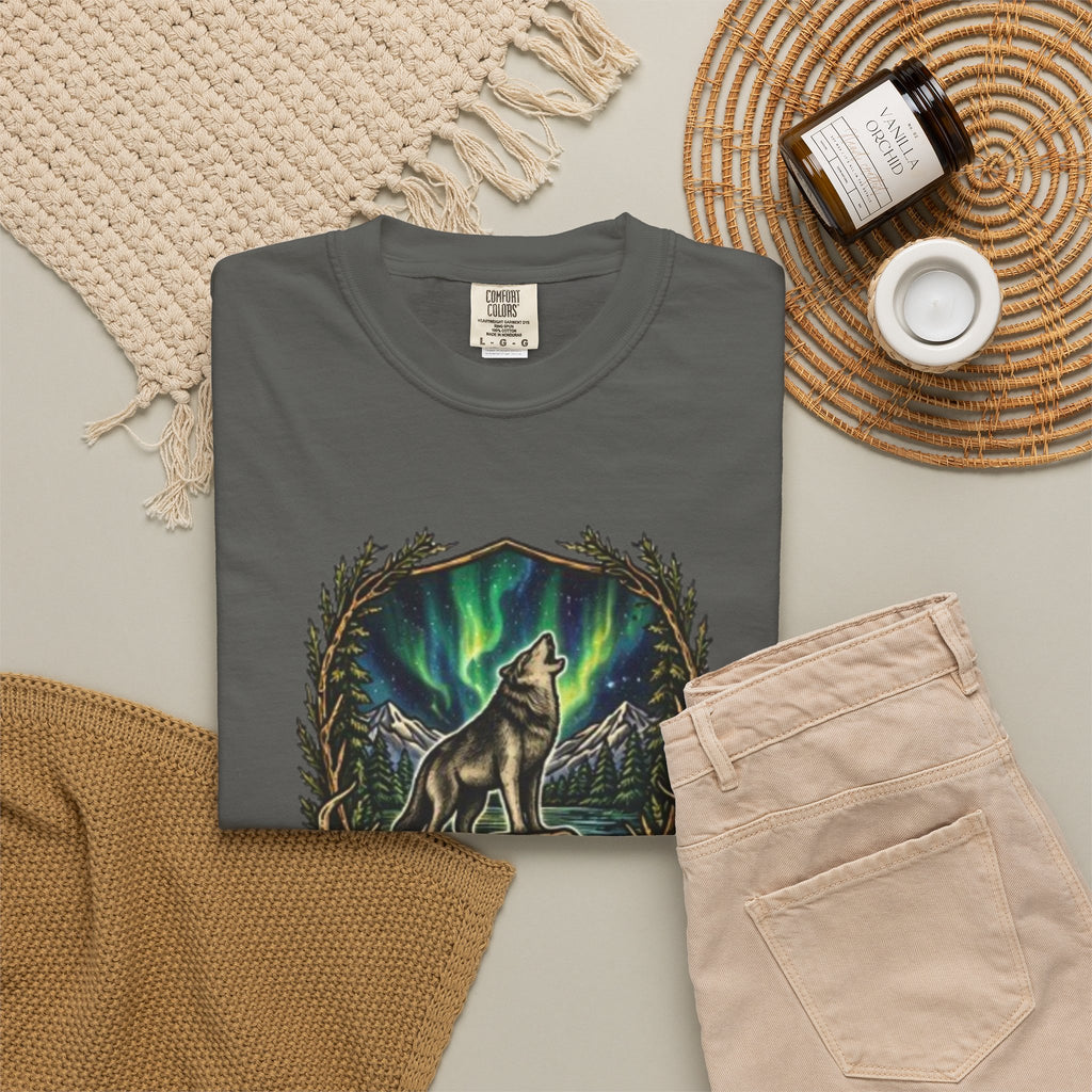 Deer Skull and Wolf Howling T-Shirt | Northern Lights Nature Graphic Tee