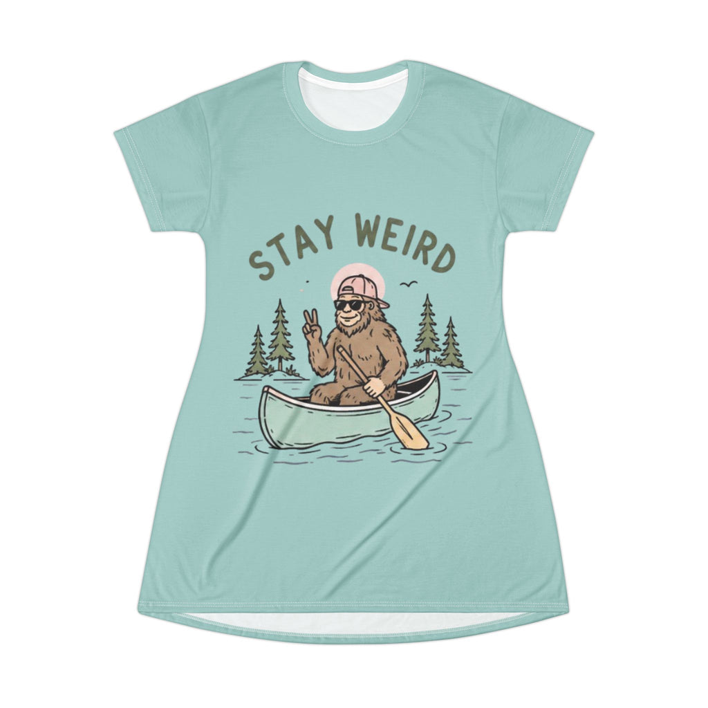 Stay Weird Canoe Bigfoot T-Shirt Dress | Cute Outdoor Graphic Dress
