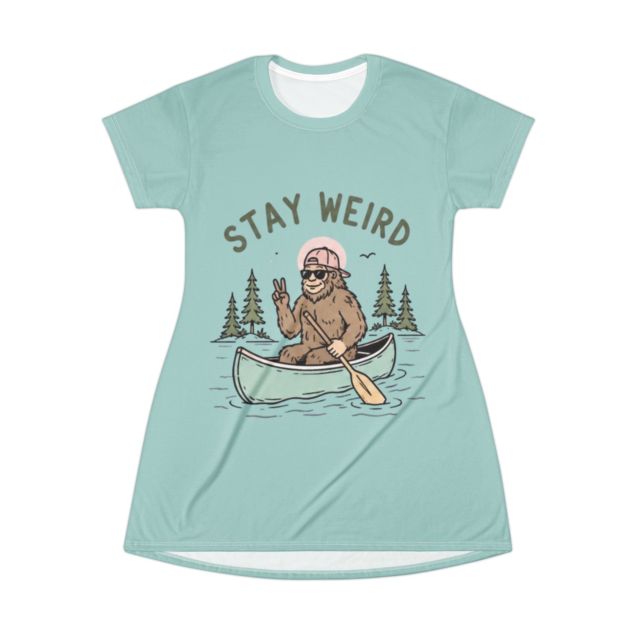 Stay Weird Canoe Bigfoot T-Shirt Dress | Cute Outdoor Graphic Dress