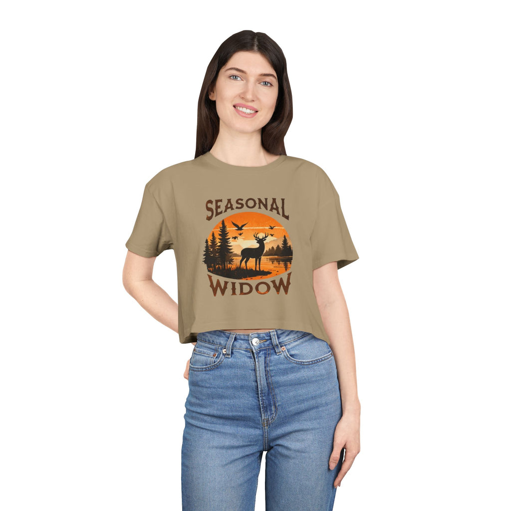 Seasonal Widow Crop Tee | Autumn Hunting Deer Sunset Graphic
