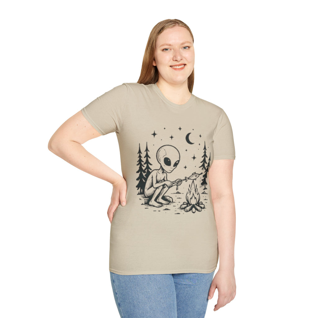 Alien Camping T-Shirt | Cute Space Alien Roasting Fish Graphic Tee