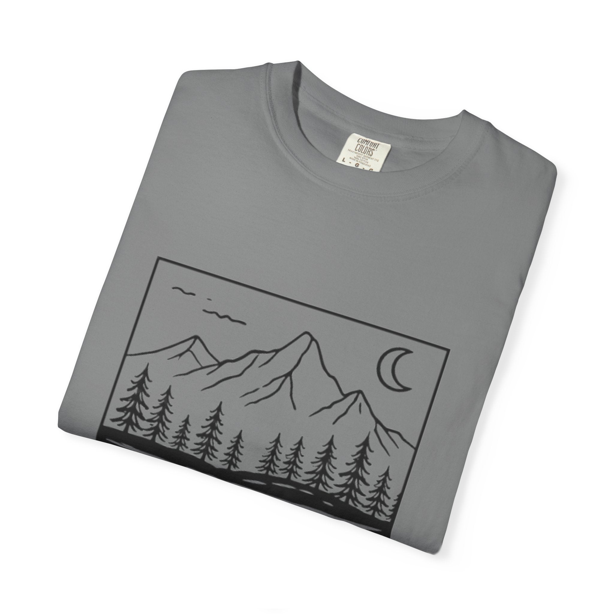 Mountain Lake T-Shirt | Minimal Nightscape with Pine Trees & Crescent Moon