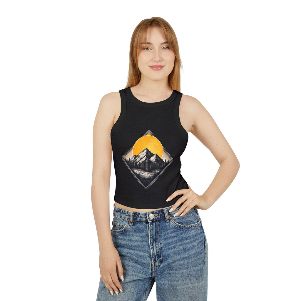 Womens Racer Tank Top | Mountain Sunset Graphic Crop Top