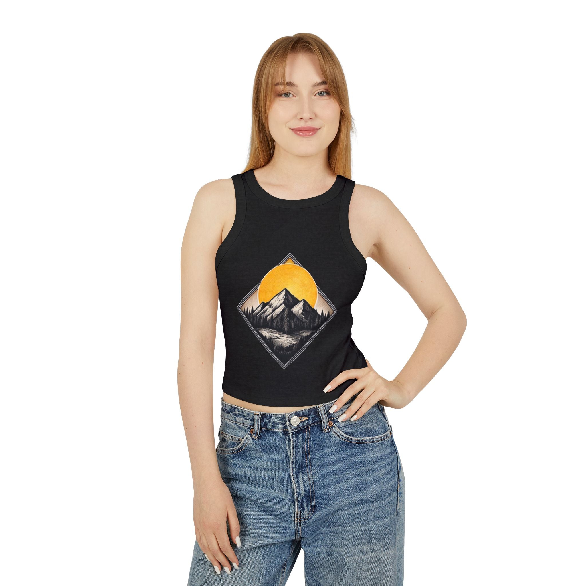 Womens Racer Tank Top | Mountain Sunset Graphic Crop Top
