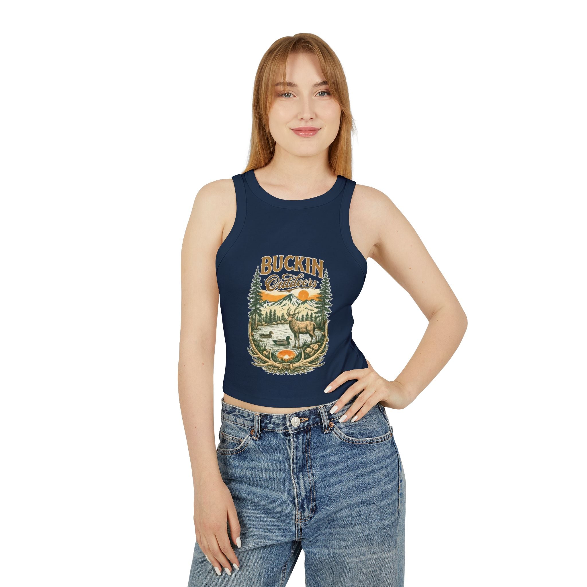 Buckin Outdoors Racer Tank | Womens Crop Tank Top with Vintage Elk Camping Design