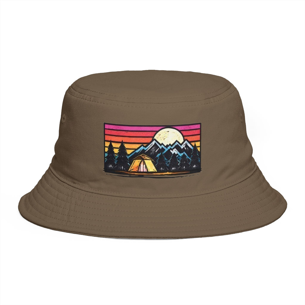 Retro Mountain Camping Bucket Hat | Sunset Tent Patch Outdoor Travel Cap