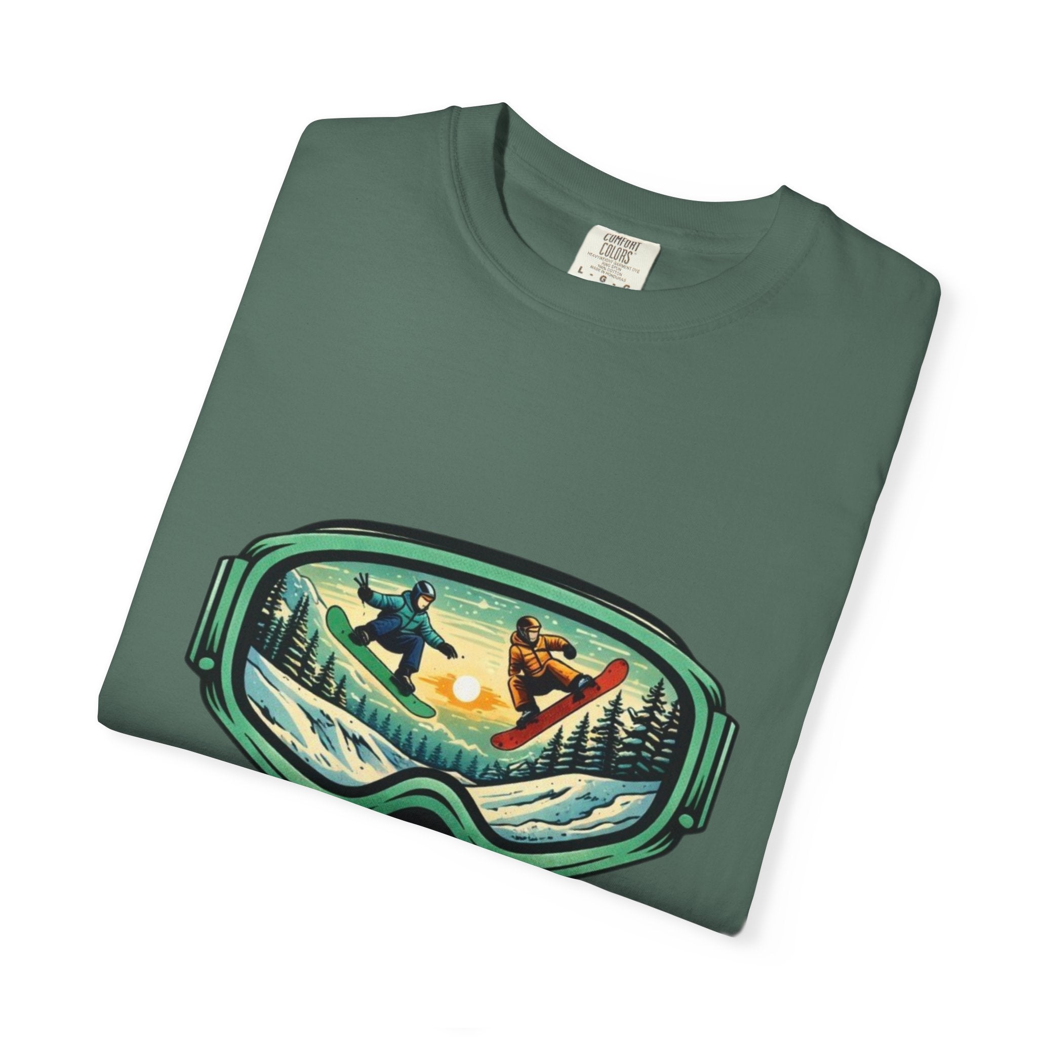 Snowboard Goggles Graphic T-Shirt | Mountain Scene with Ride the Ridge Design
