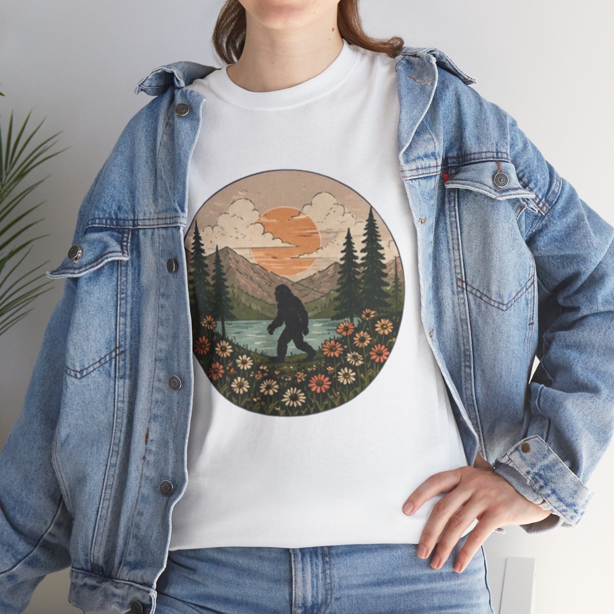 Bigfoot Meadow Retro Tee | Vintage Sasquatch with Flowers