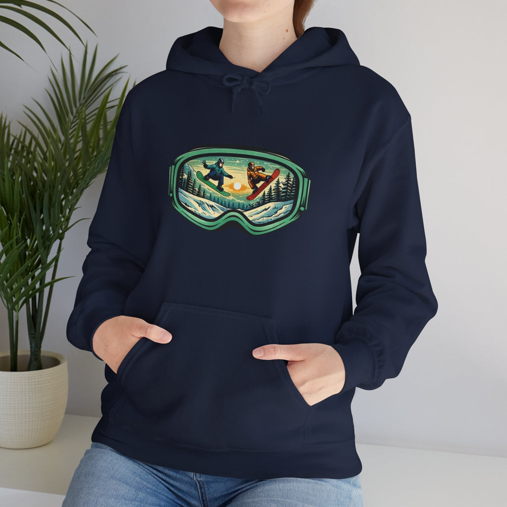 Snowboard Goggles Graphic Hoodie | Winter Mountain Sunset Scene