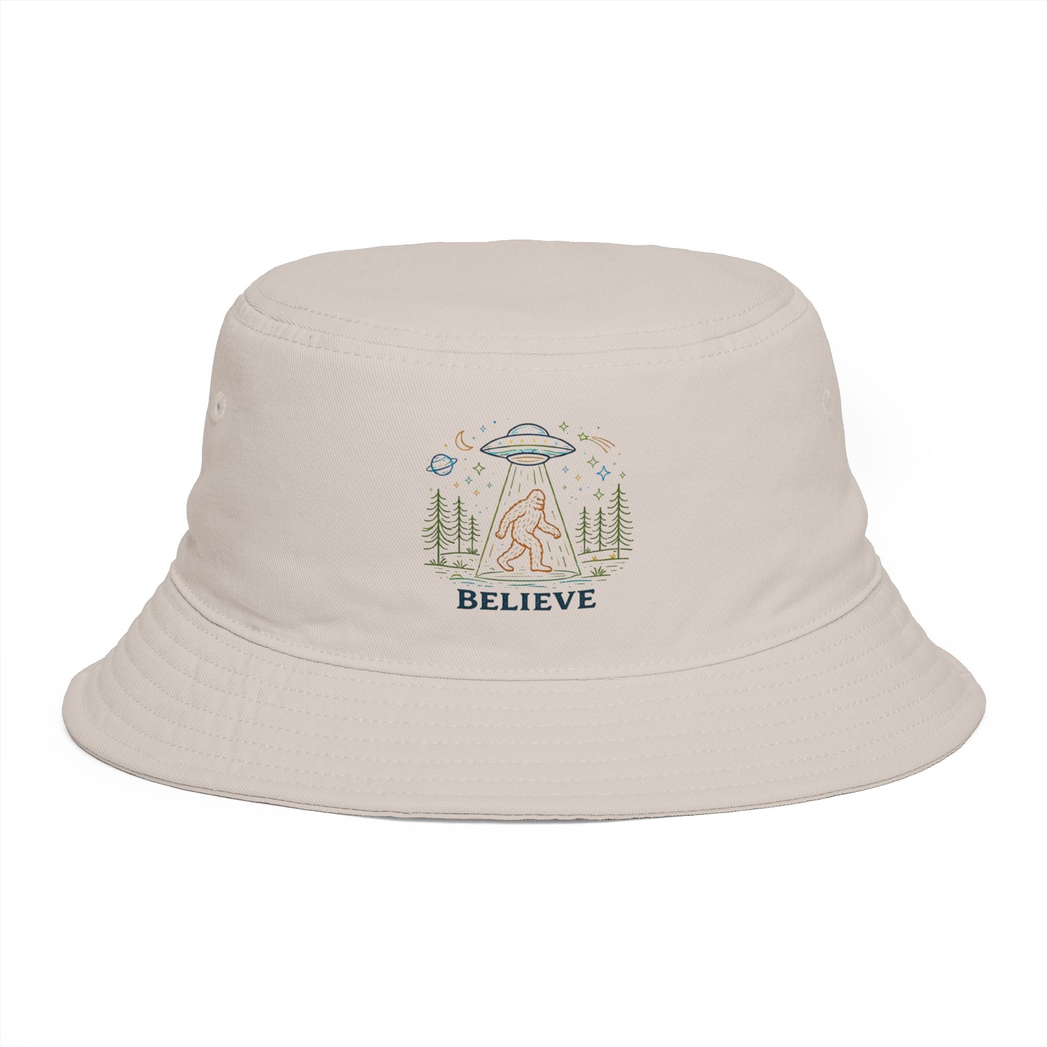 Bigfoot Night UFO Bucket Hat | Retro Forest Sasquatch Camping Design