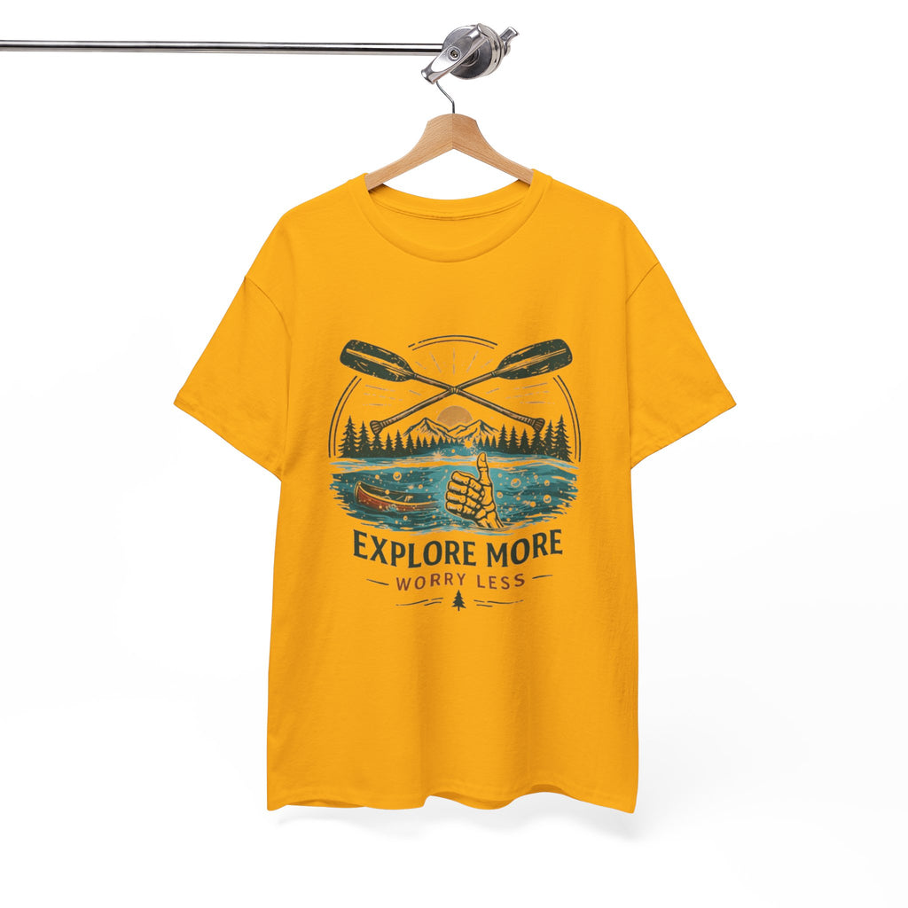 Explore More Worry Less T-Shirt | Outdoor Camping Canoe Graphic Skeleton Tee