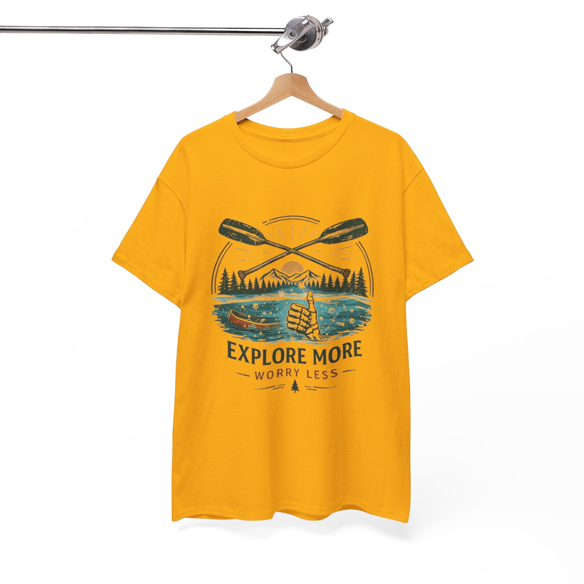 Explore More Worry Less T-Shirt | Outdoor Camping Canoe Graphic Skeleton Tee