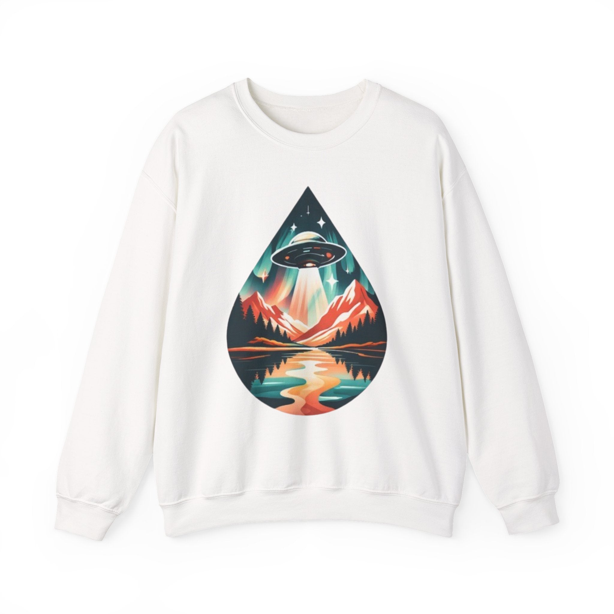 UFO Mountain Crewneck Sweatshirt | Retro Alien Landscape Graphic