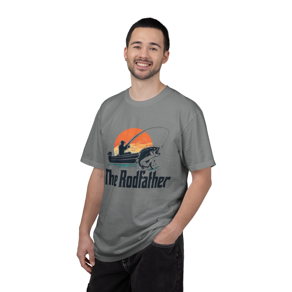 The Rodfather fishing silhouette T-Shirt | Bass boat sunset design