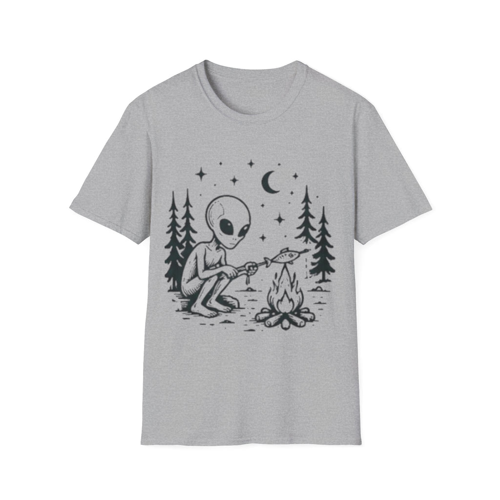 Alien Camping T-Shirt | Cute Space Alien Roasting Fish Graphic Tee