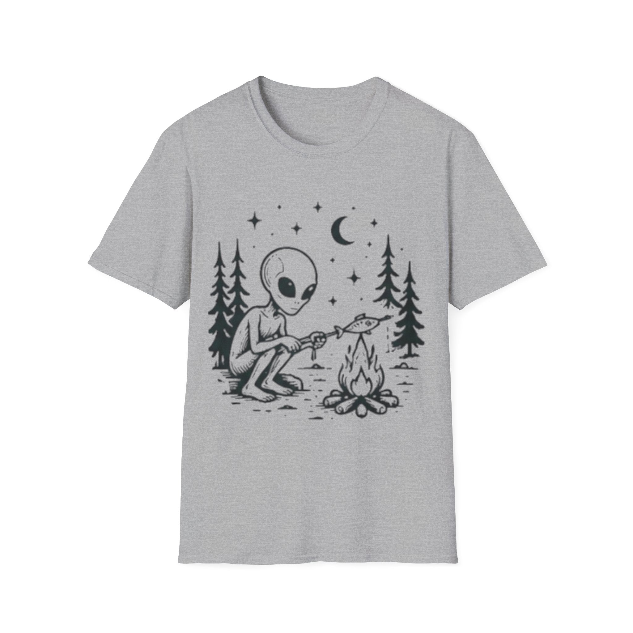 Alien Camping T-Shirt | Cute Space Alien Roasting Fish Graphic Tee